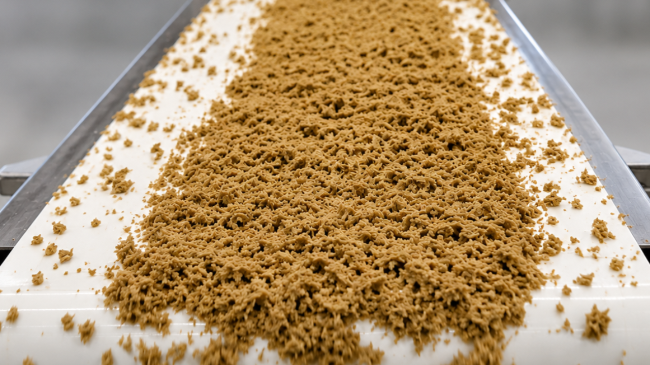 Alternatives Hackfleisch aus pflanzlichen Proteinen auf einem Produktionsfließband, hergestellt mit der FiberFlow Technologie.