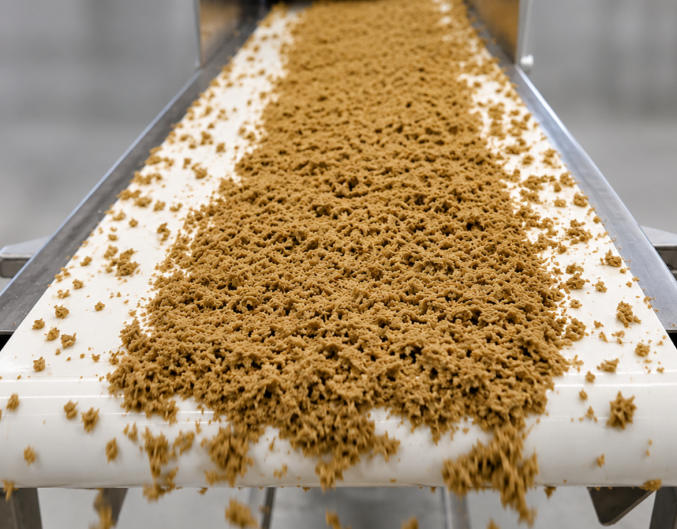 Alternatives Hackfleisch aus pflanzlichen Proteinen auf einem Produktionsfließband, hergestellt mit der FiberFlow Technologie.